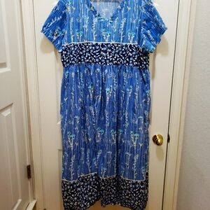 Womens Only Necessities Blue Floral Empire Cotton V-Neck Lounger or Maxi Size 3X